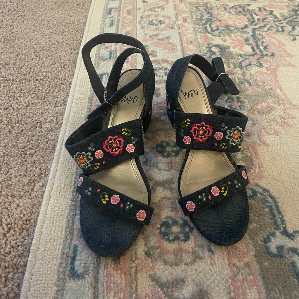 Denim floral embroidered block heels